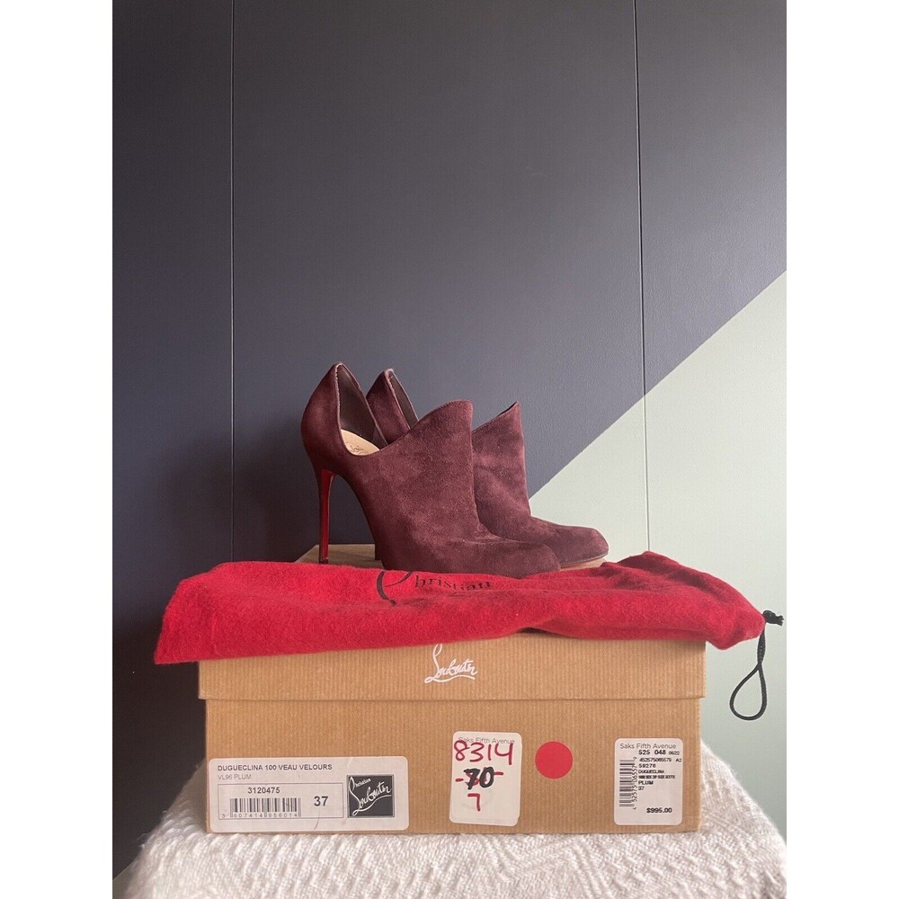 Christian Louboutin Duegueclina 100 Veau Velours Booties, Plum, Size 37, EUC